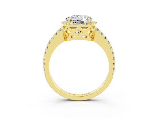 Yellow gold Round Cut Moissanite Halo Engagement Ring with Pavé Band and Prong Setting