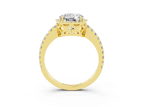 Yellow gold Round Cut Moissanite Halo Engagement Ring with Pavé Band and Prong Setting_15