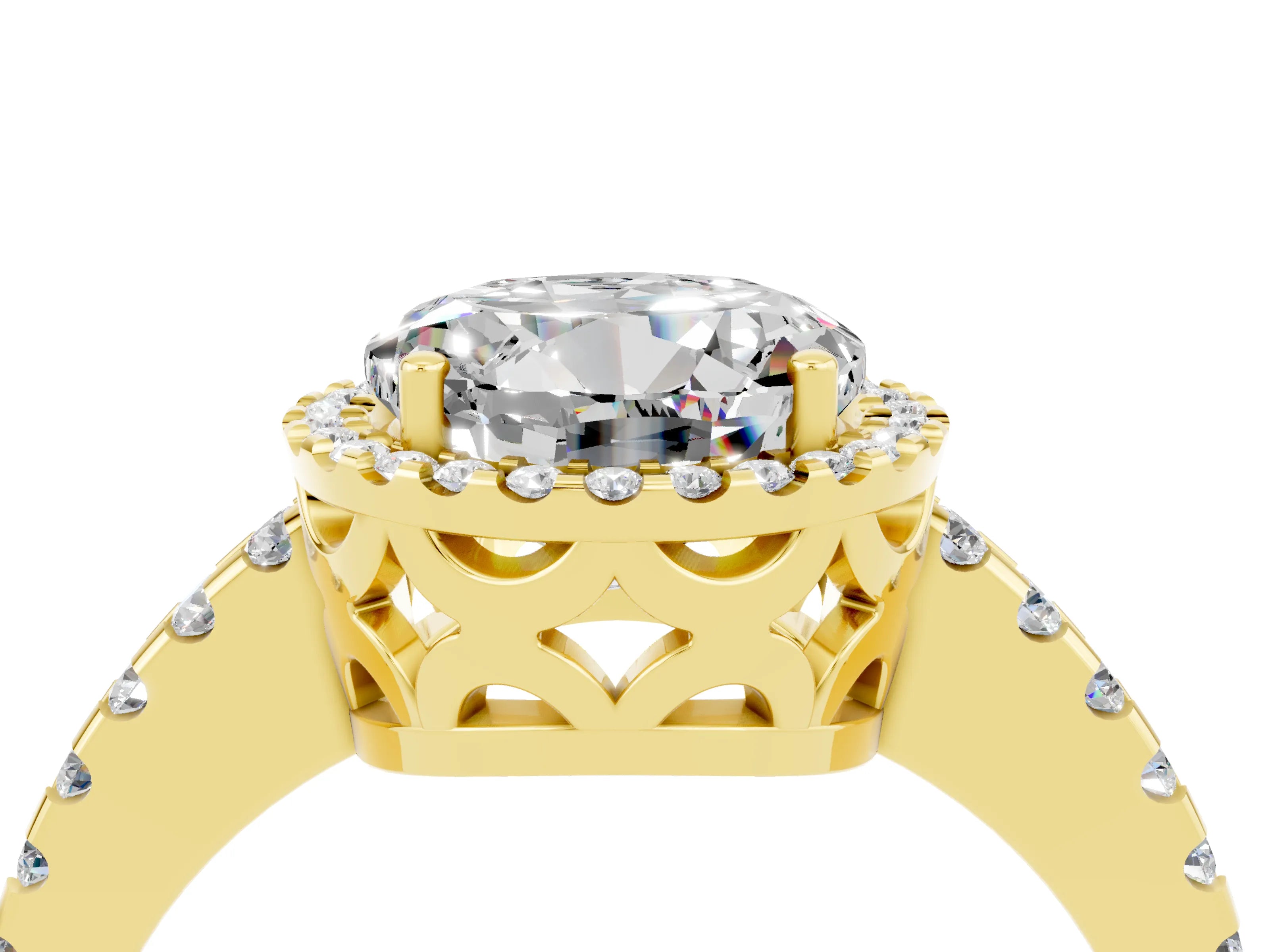 Yellow gold Round Cut Moissanite Halo Engagement Ring with Pavé Band and Prong Setting_16