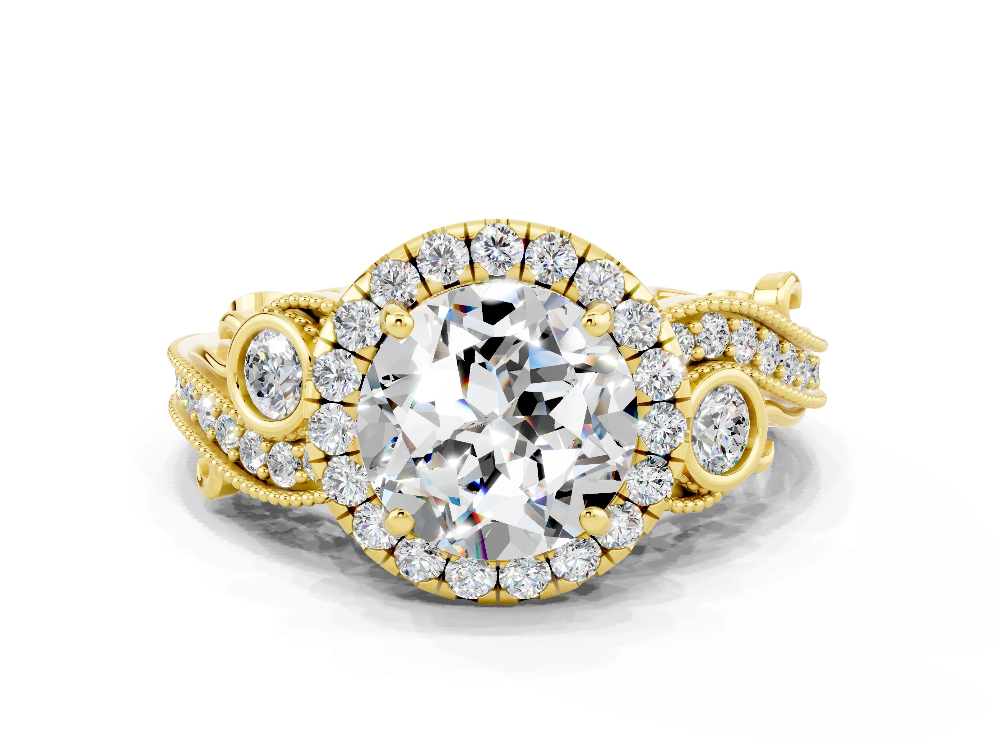 Yellow gold Round Cut Moissanite Halo Ring with Milgrain Pavé Band and Four-Prong Setting_12