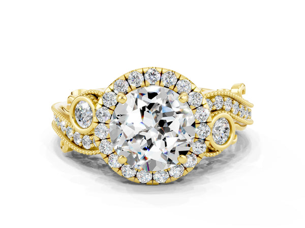 Yellow gold Round Cut Moissanite Halo Ring with Milgrain Pavé Band and Four-Prong Setting