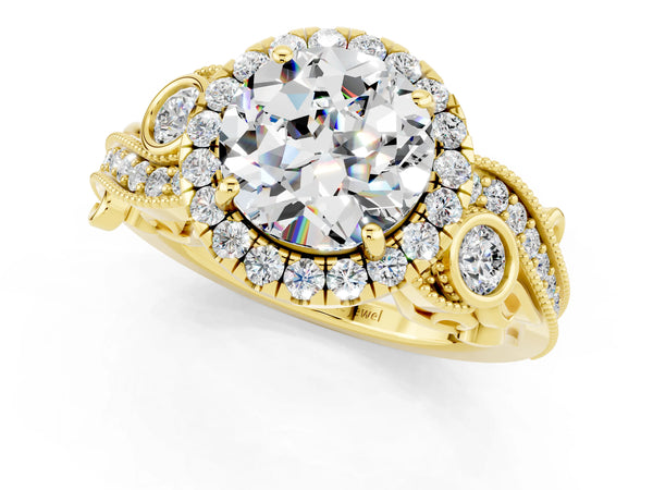 Yellow gold Round Cut Moissanite Halo Ring with Milgrain Pavé Band and Four-Prong Setting