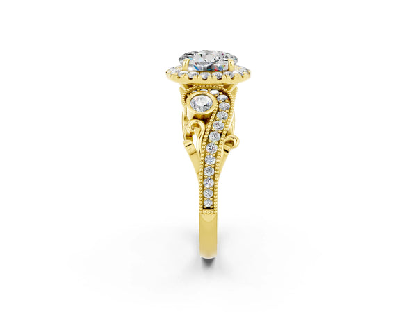 Yellow gold Round Cut Moissanite Halo Ring with Milgrain Pavé Band and Four-Prong Setting