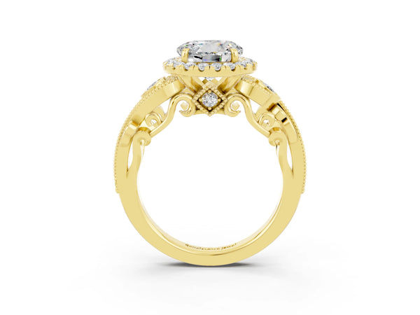 Yellow gold Round Cut Moissanite Halo Ring with Milgrain Pavé Band and Four-Prong Setting