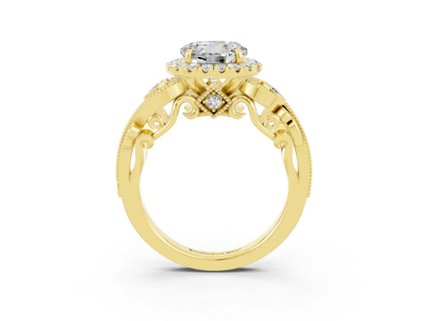 Yellow gold Round Cut Moissanite Halo Ring with Milgrain Pavé Band and Four-Prong Setting_15