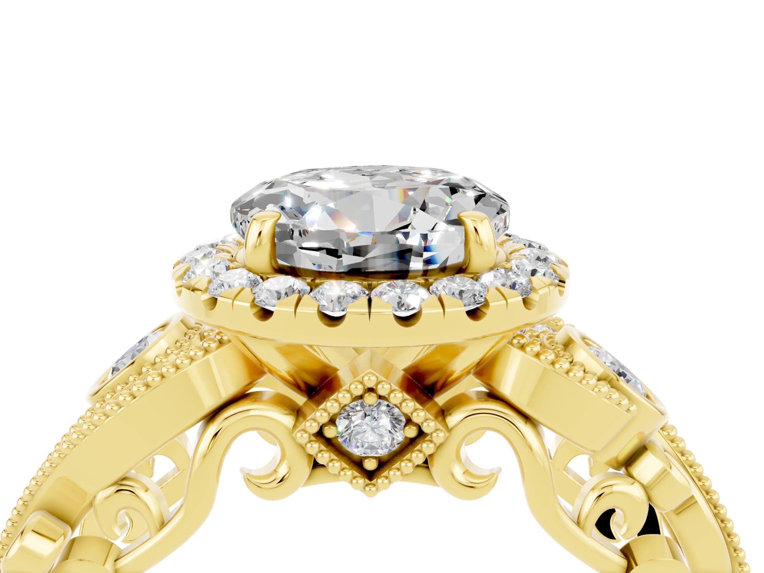 Yellow gold Round Cut Moissanite Halo Ring with Milgrain Pavé Band and Four-Prong Setting_16