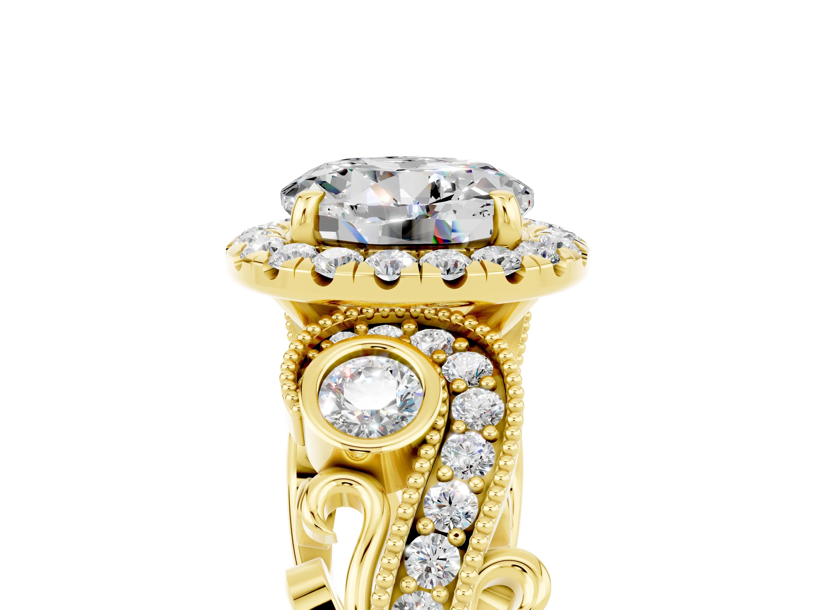 Yellow gold Round Cut Moissanite Halo Ring with Milgrain Pavé Band and Four-Prong Setting_17
