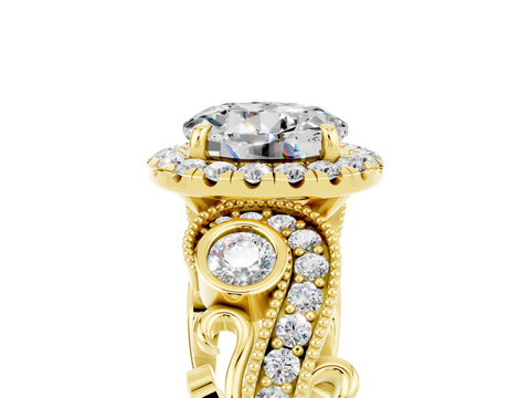 Yellow gold Round Cut Moissanite Halo Ring with Milgrain Pavé Band and Four-Prong Setting_17