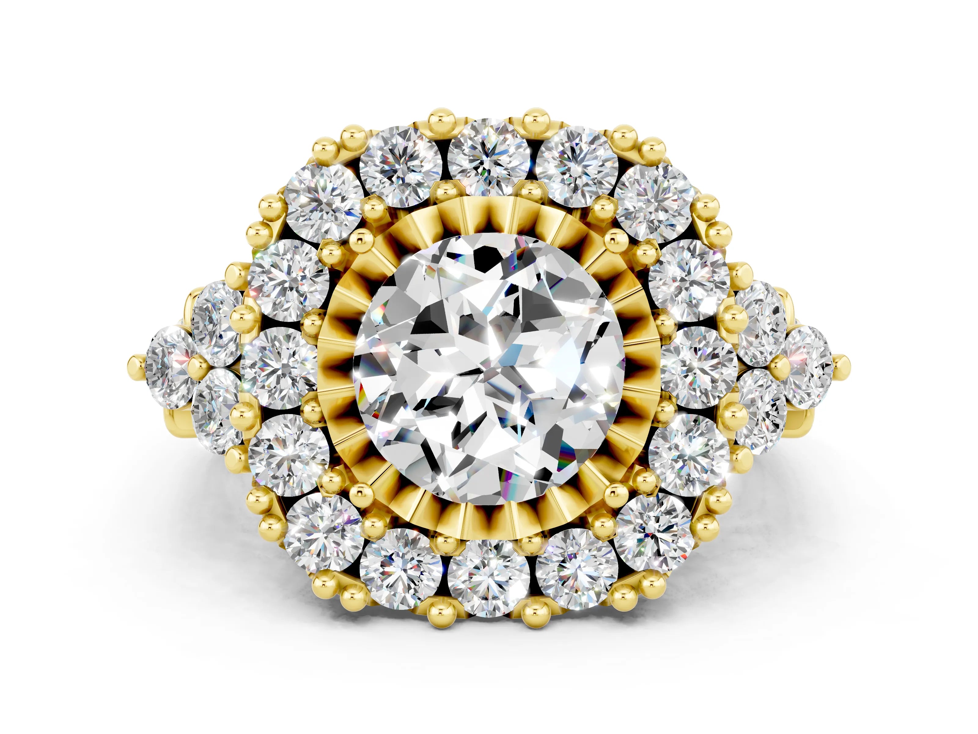 Yellow gold Round Cut Moissanite Halo Ring with Pavé Band and Four-Prong Setting_12