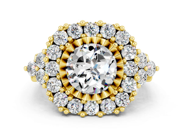 Yellow gold Round Cut Moissanite Halo Ring with Pavé Band and Four-Prong Setting