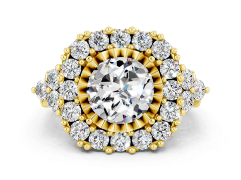 Yellow gold Round Cut Moissanite Halo Ring with Pavé Band and Four-Prong Setting_12