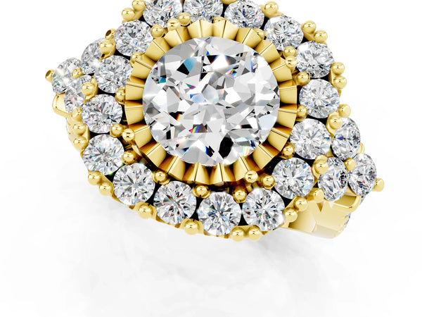 Yellow gold Round Cut Moissanite Halo Ring with Pavé Band and Four-Prong Setting