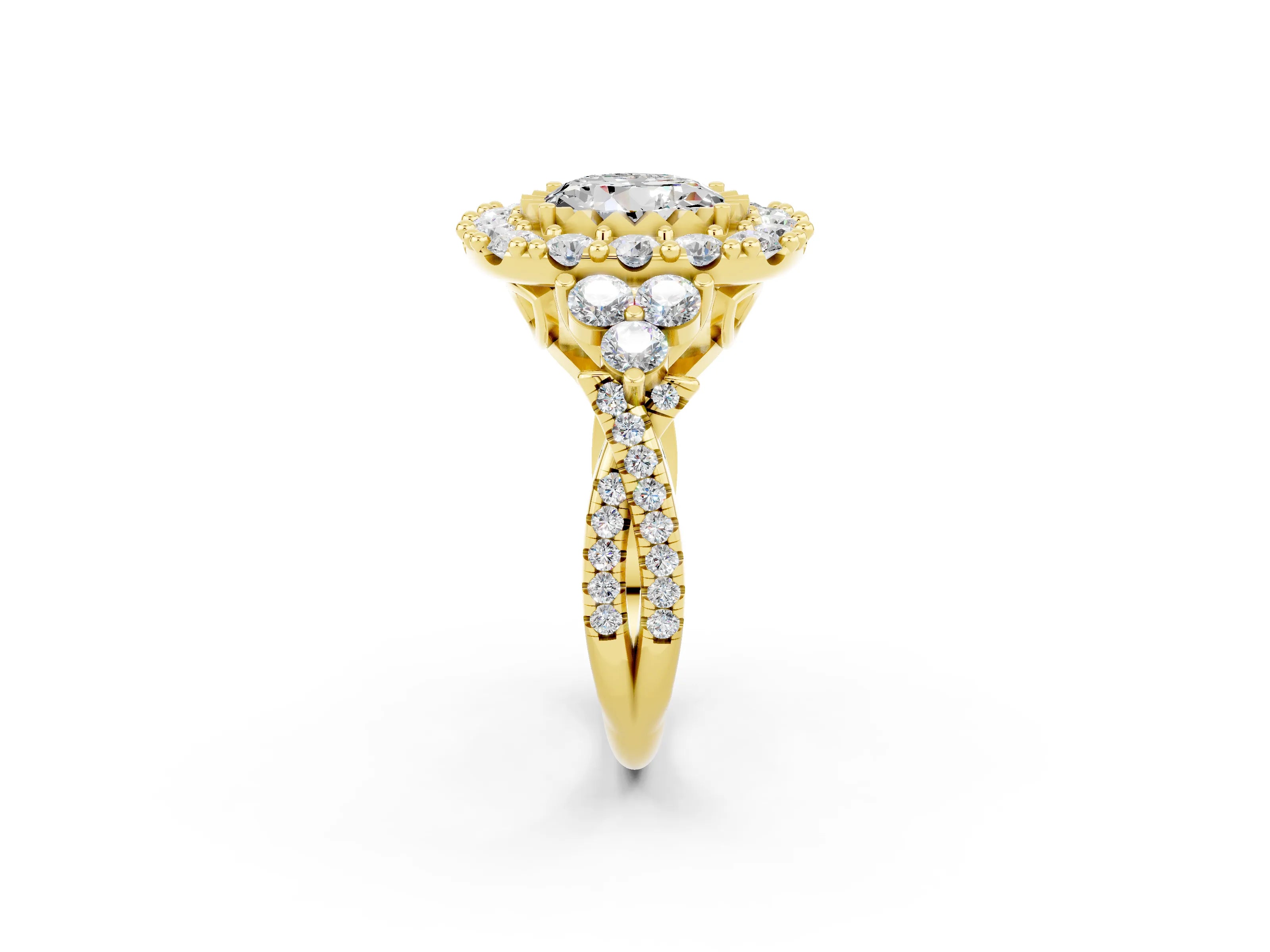 Yellow gold Round Cut Moissanite Halo Ring with Pavé Band and Four-Prong Setting_14