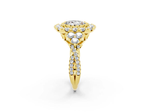 Yellow gold Round Cut Moissanite Halo Ring with Pavé Band and Four-Prong Setting