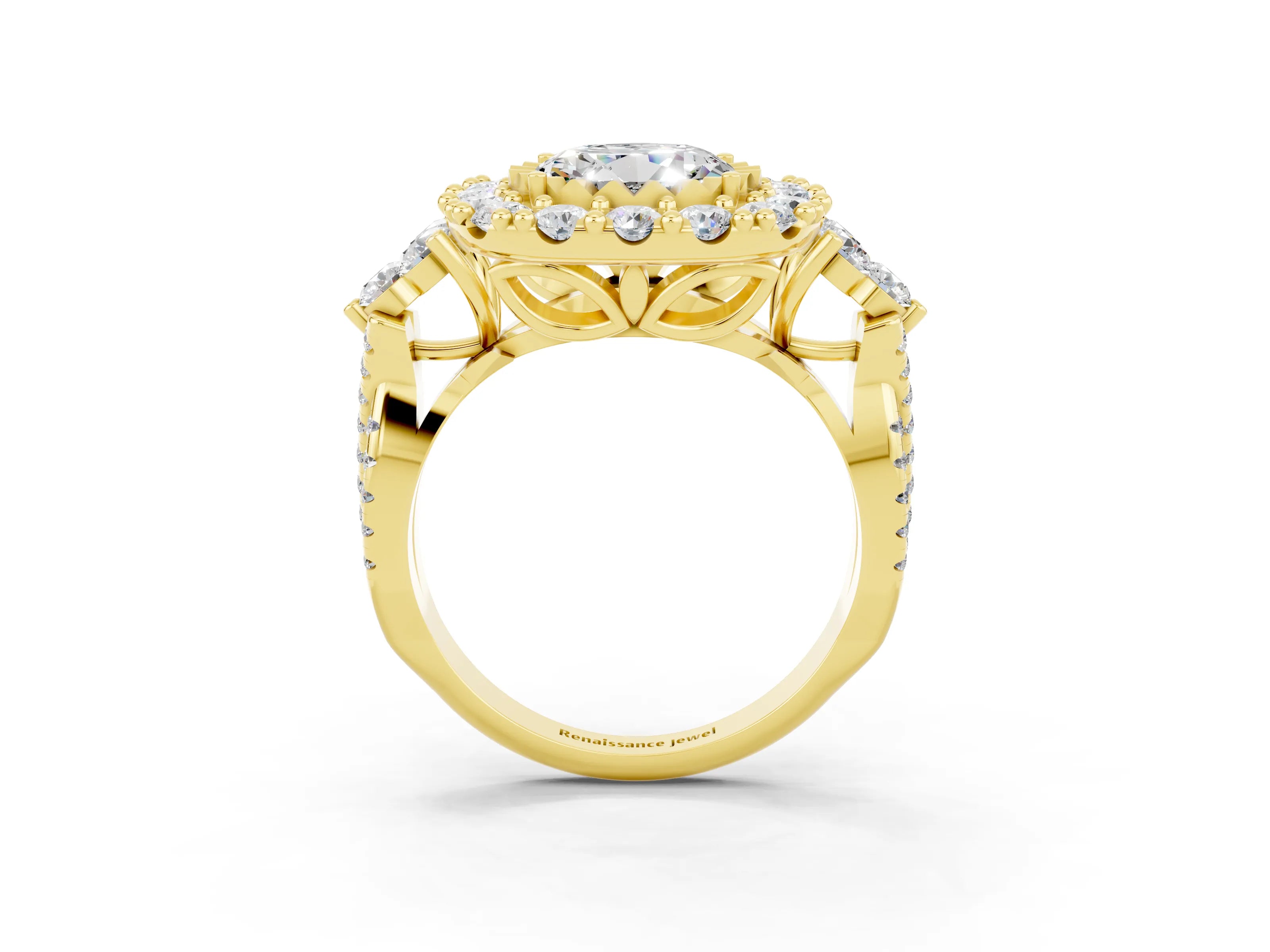 Yellow gold Round Cut Moissanite Halo Ring with Pavé Band and Four-Prong Setting_15