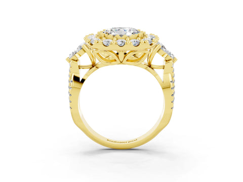 Yellow gold Round Cut Moissanite Halo Ring with Pavé Band and Four-Prong Setting_15