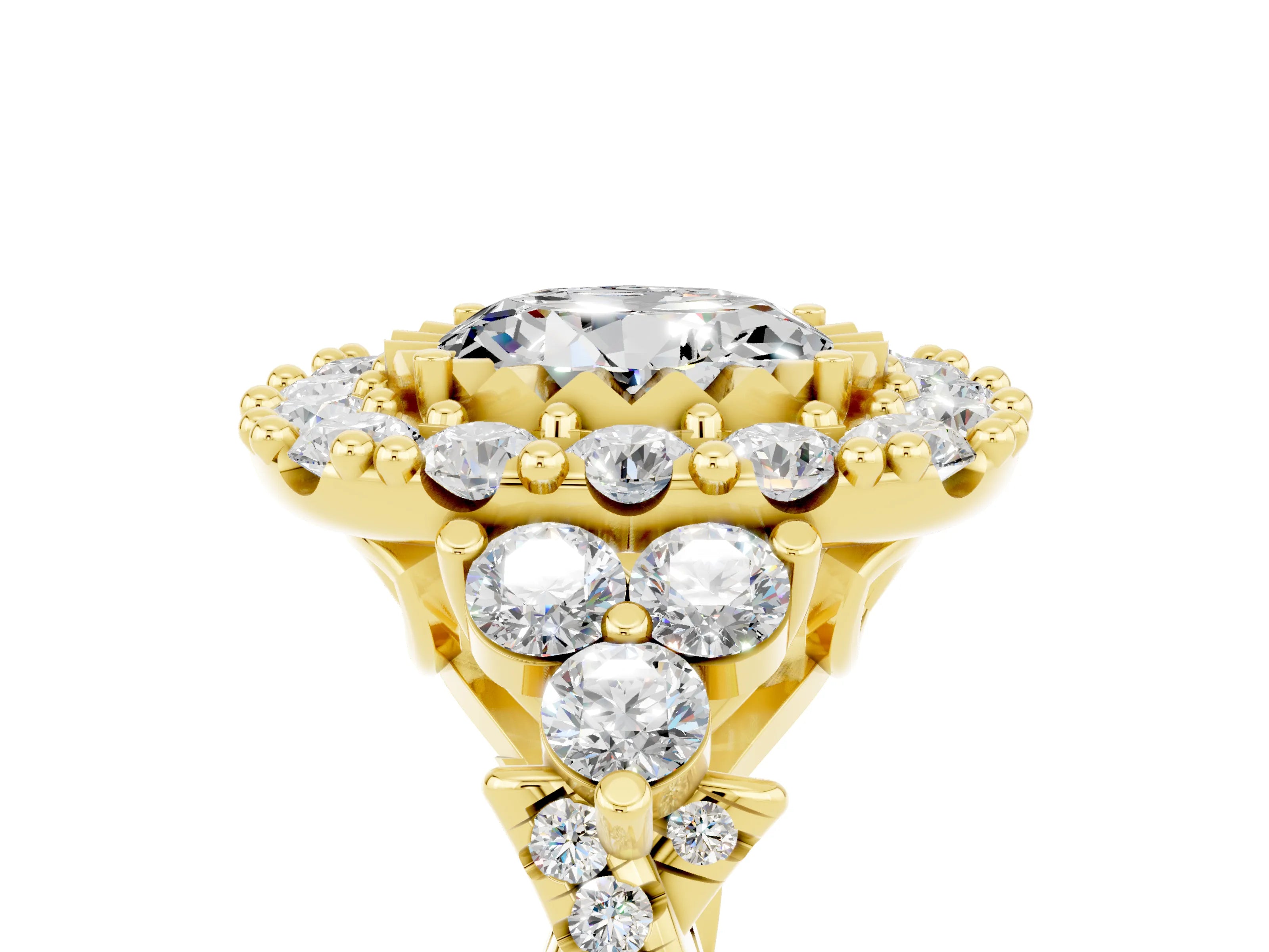 Yellow gold Round Cut Moissanite Halo Ring with Pavé Band and Four-Prong Setting_17