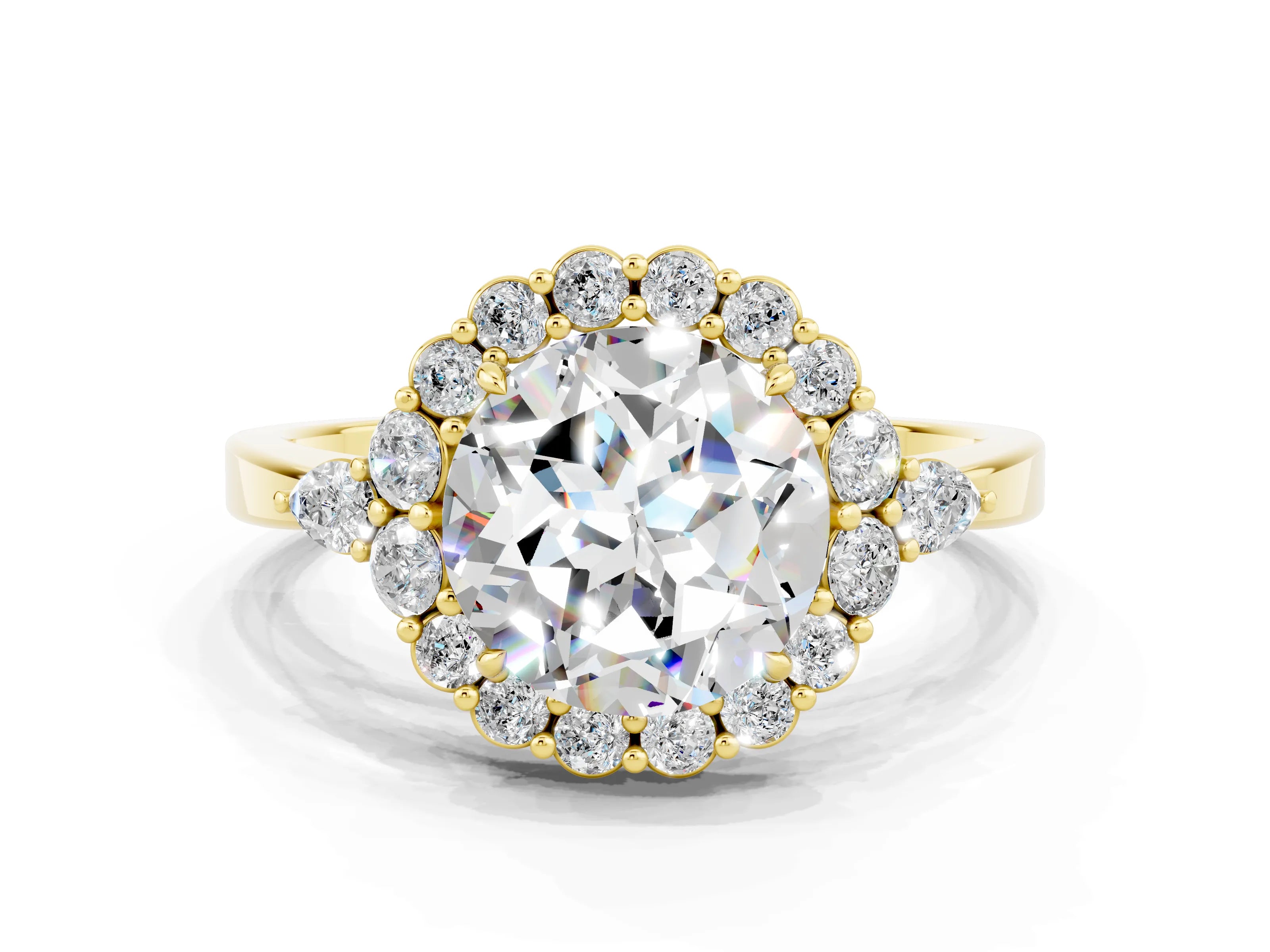 Yellow gold Round Cut Moissanite Halo Ring with Pear Side Stones and Prong Setting_12