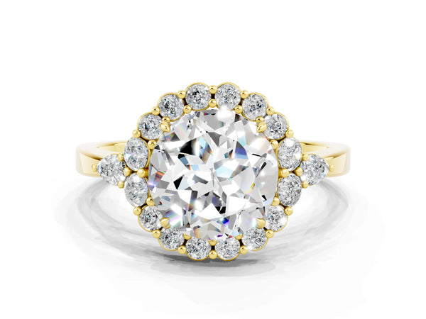 Yellow gold Round Cut Moissanite Halo Ring with Pear Side Stones and Prong Setting