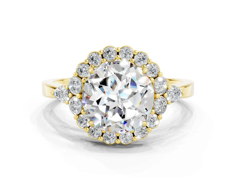 Yellow gold Round Cut Moissanite Halo Ring with Pear Side Stones and Prong Setting_12
