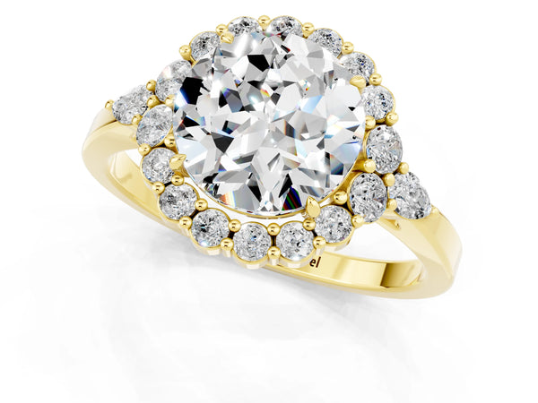 Yellow gold Round Cut Moissanite Halo Ring with Pear Side Stones and Prong Setting