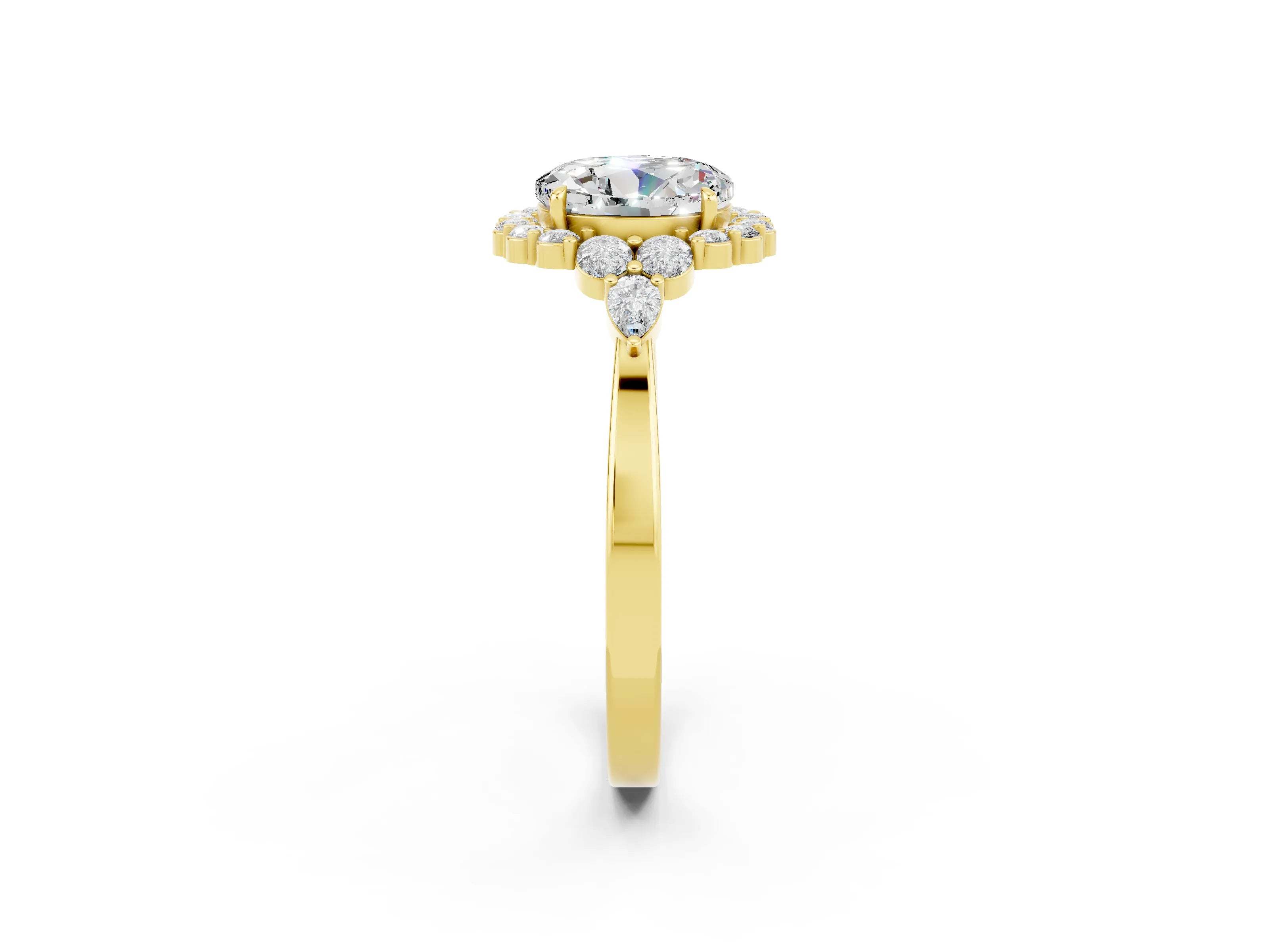 Yellow gold Round Cut Moissanite Halo Ring with Pear Side Stones and Prong Setting_14