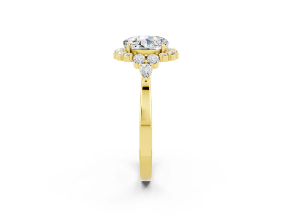 Yellow gold Round Cut Moissanite Halo Ring with Pear Side Stones and Prong Setting