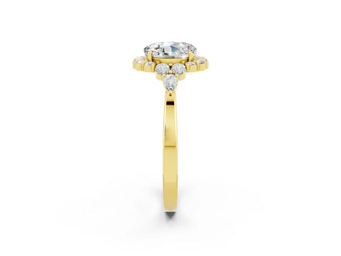 Yellow gold Round Cut Moissanite Halo Ring with Pear Side Stones and Prong Setting_14