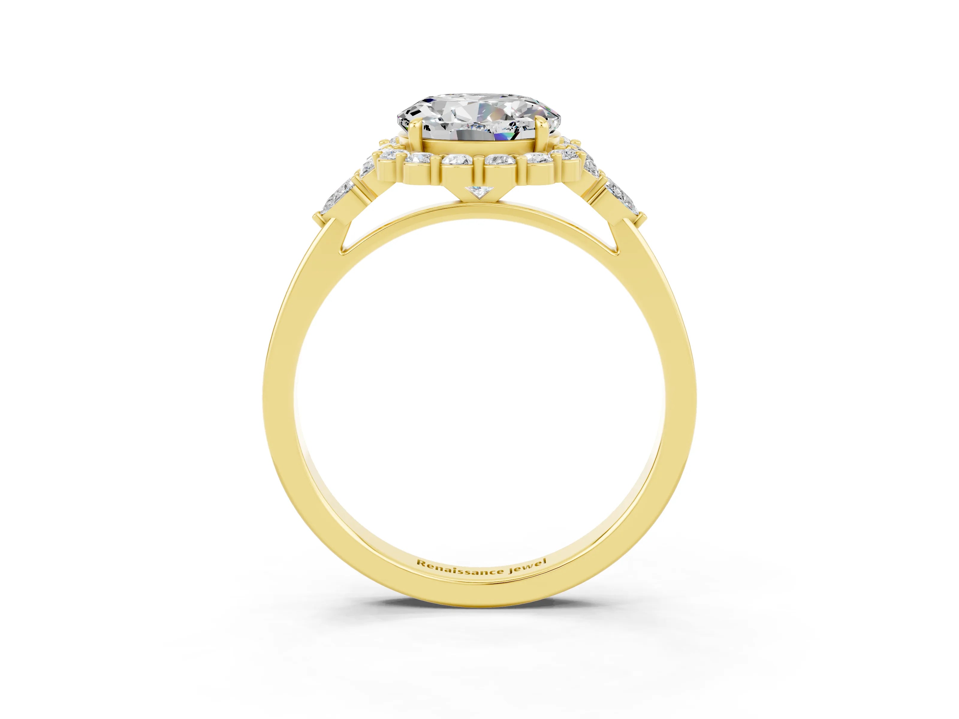 Yellow gold Round Cut Moissanite Halo Ring with Pear Side Stones and Prong Setting_15