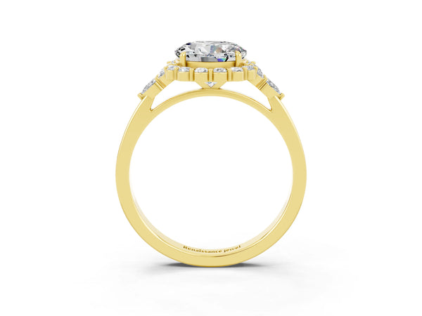 Yellow gold Round Cut Moissanite Halo Ring with Pear Side Stones and Prong Setting