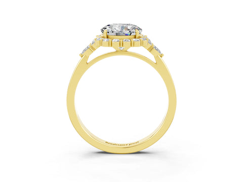 Yellow gold Round Cut Moissanite Halo Ring with Pear Side Stones and Prong Setting_15