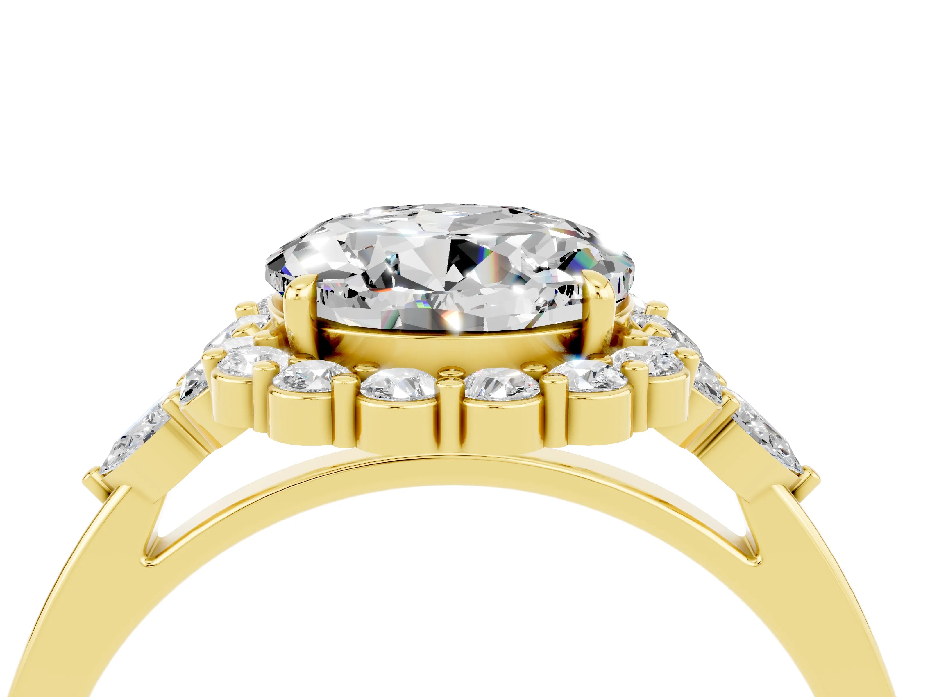 Yellow gold Round Cut Moissanite Halo Ring with Pear Side Stones and Prong Setting_16