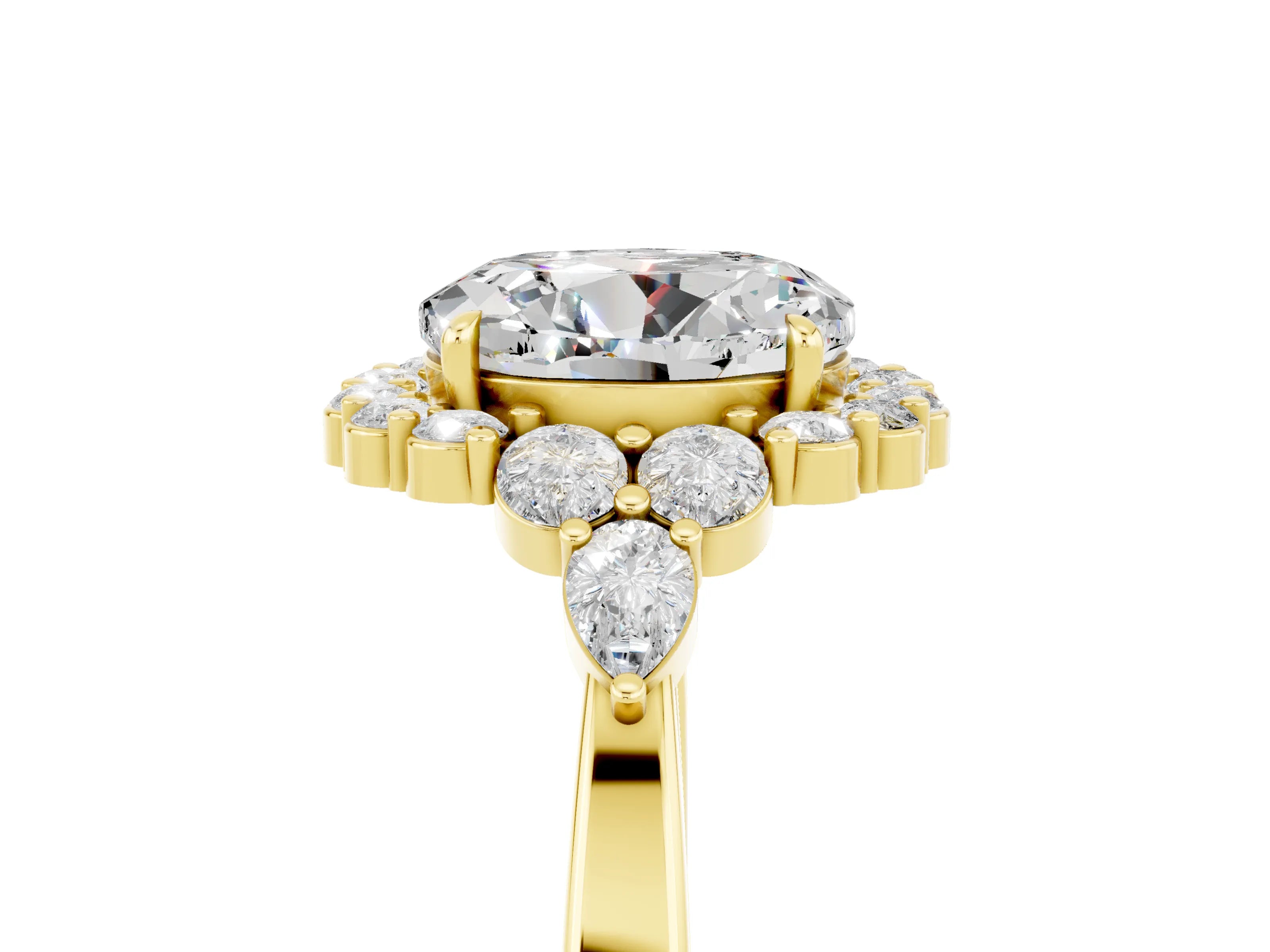 Yellow gold Round Cut Moissanite Halo Ring with Pear Side Stones and Prong Setting_17