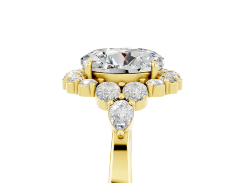 Yellow gold Round Cut Moissanite Halo Ring with Pear Side Stones and Prong Setting_17