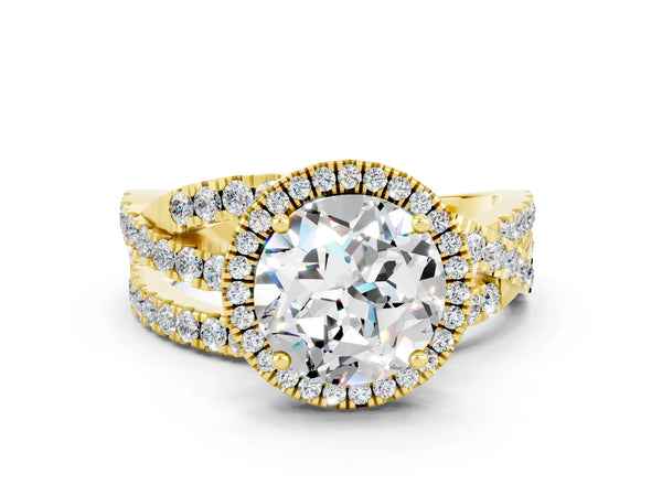Yellow gold Round Cut Moissanite Halo Ring with Round Split Shank and Prong Setting