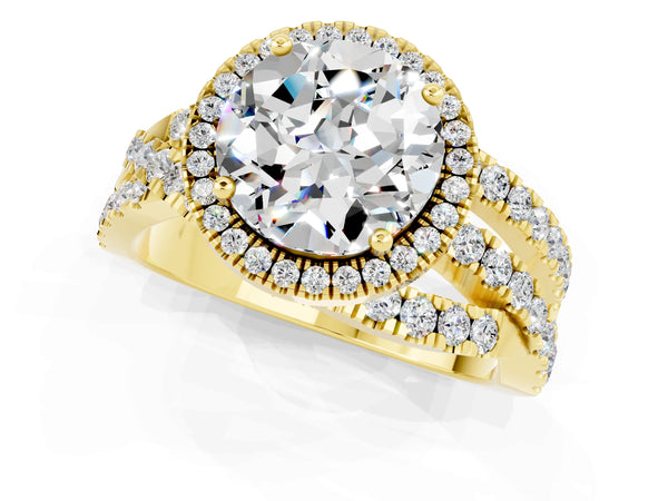 Yellow gold Round Cut Moissanite Halo Ring with Round Split Shank and Prong Setting