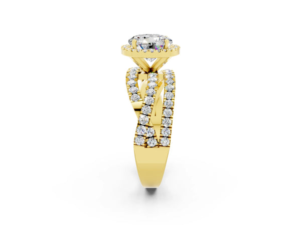 Yellow gold Round Cut Moissanite Halo Ring with Round Split Shank and Prong Setting
