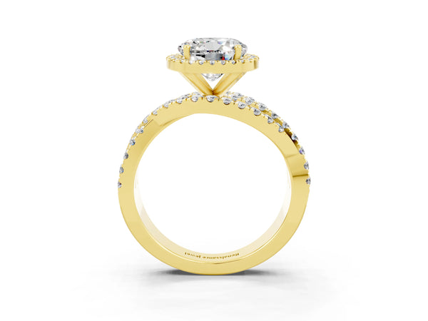 Yellow gold Round Cut Moissanite Halo Ring with Round Split Shank and Prong Setting