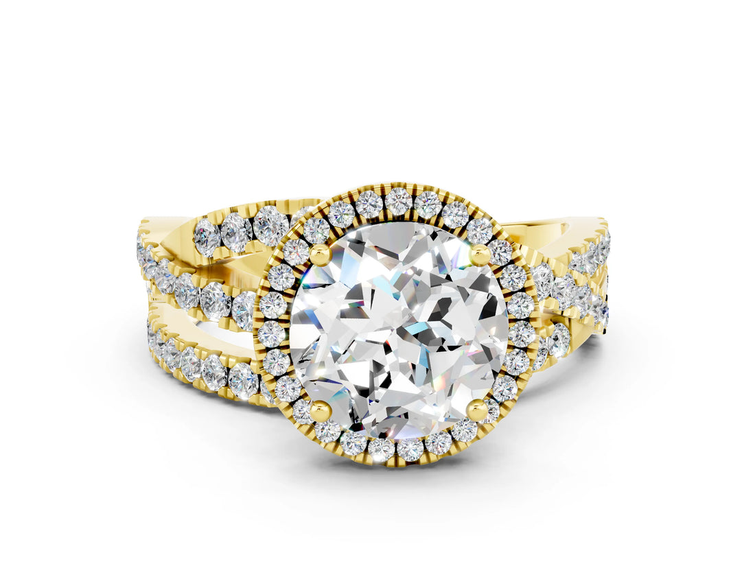 Yellow gold Round Cut Moissanite Halo Ring with Round Split Shank and Prong Setting_48