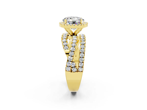 Yellow gold Round Cut Moissanite Halo Ring with Round Split Shank and Prong Setting