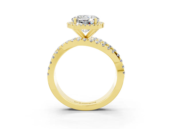 Yellow gold Round Cut Moissanite Halo Ring with Round Split Shank and Prong Setting