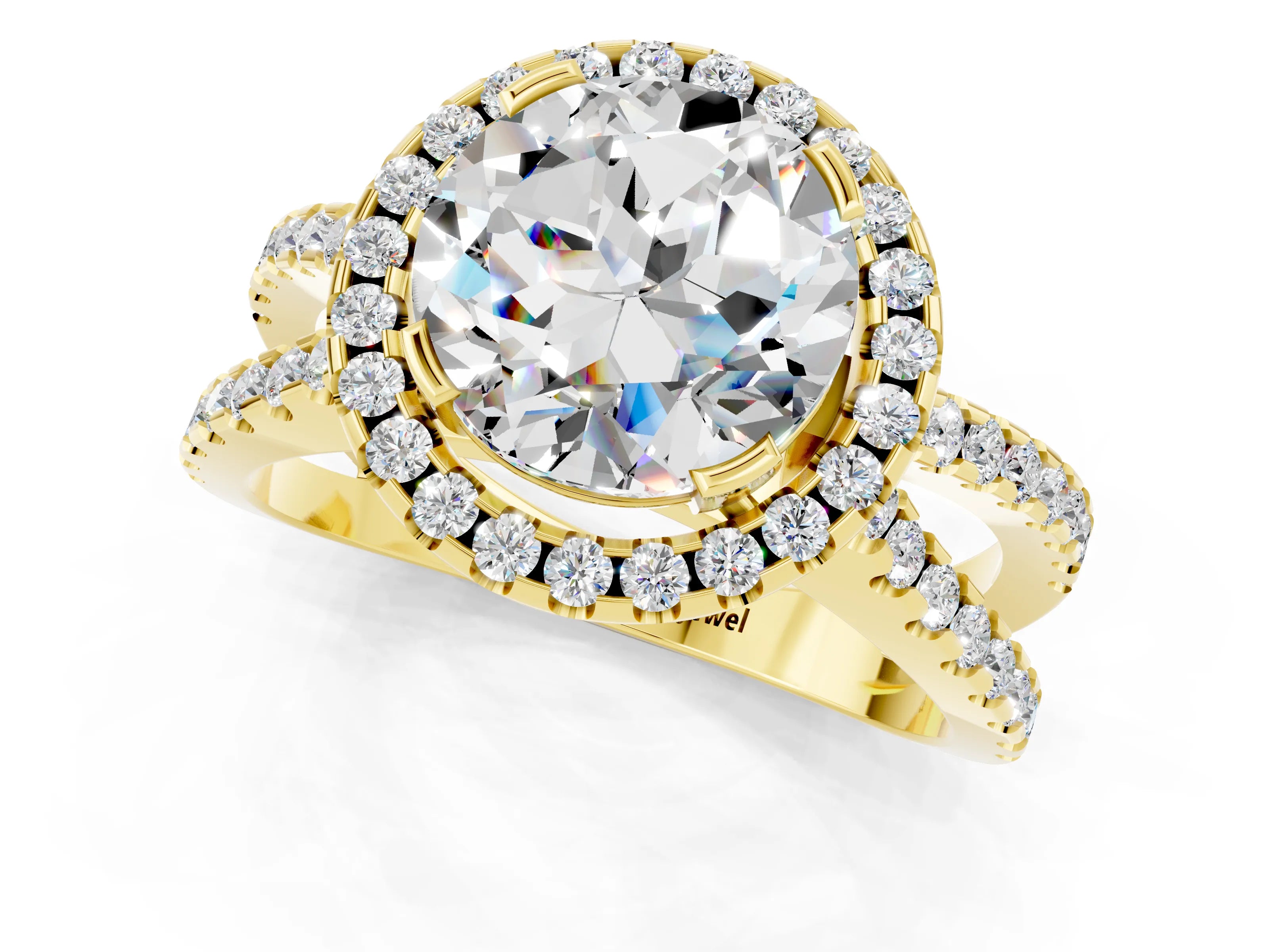 Yellow gold Round Cut Moissanite Halo Ring with Split Shank Pavé Band and Prong Setting_1
