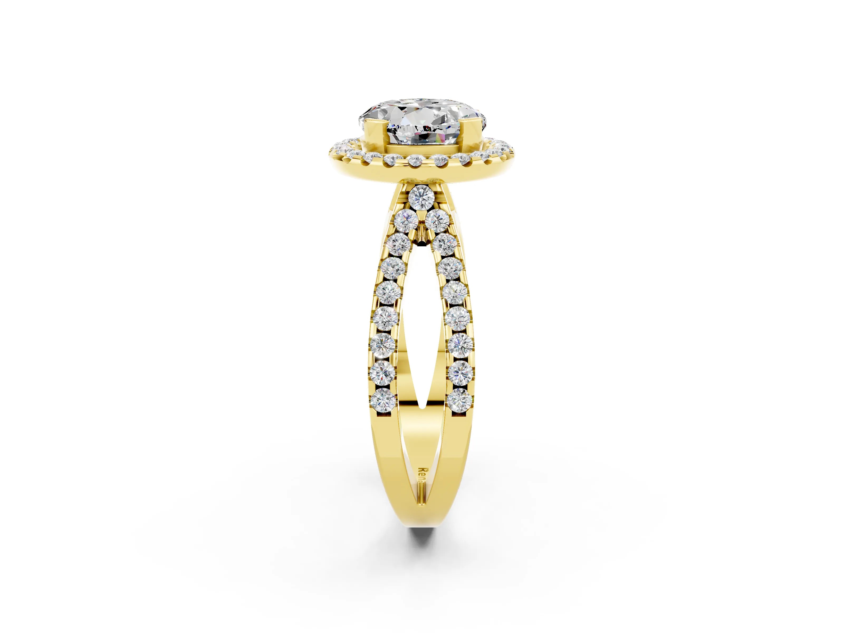 Yellow gold Round Cut Moissanite Halo Ring with Split Shank Pavé Band and Prong Setting_2