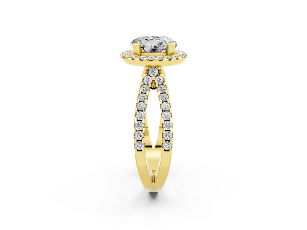 Yellow gold Round Cut Moissanite Halo Ring with Split Shank Pavé Band and Prong Setting