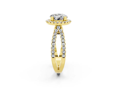 Yellow gold Round Cut Moissanite Halo Ring with Split Shank Pavé Band and Prong Setting_2
