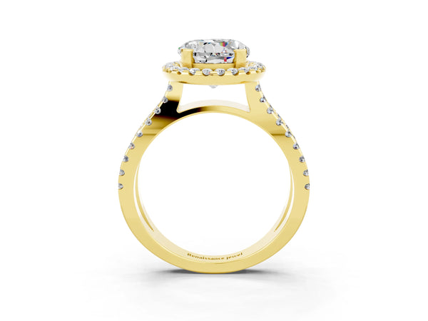 Yellow gold Round Cut Moissanite Halo Ring with Split Shank Pavé Band and Prong Setting