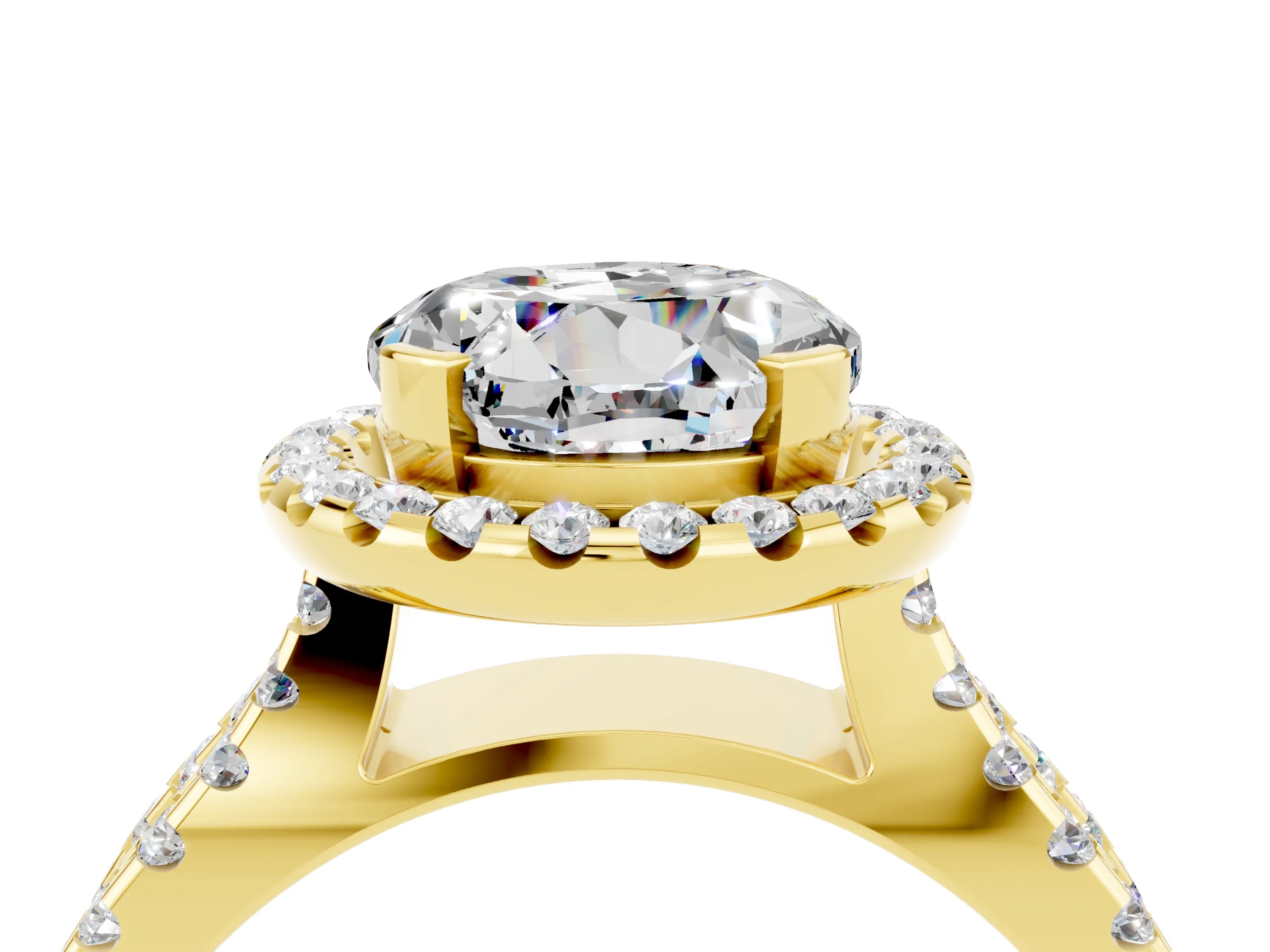 Yellow gold Round Cut Moissanite Halo Ring with Split Shank Pavé Band and Prong Setting_4