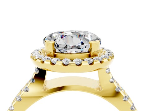 Yellow gold Round Cut Moissanite Halo Ring with Split Shank Pavé Band and Prong Setting_4