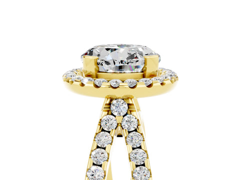 Yellow gold Round Cut Moissanite Halo Ring with Split Shank Pavé Band and Prong Setting_5