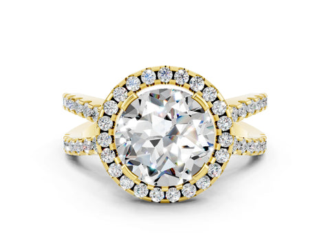 Yellow gold Round Cut Moissanite Halo Ring with Split Shank Pavé Band and Prong Setting